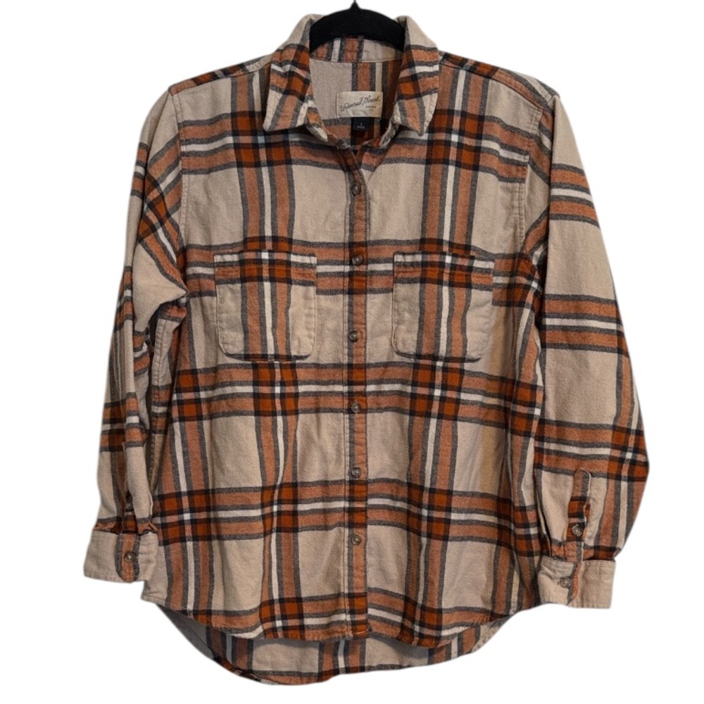 🖤 Universal Thread Beige, Black, and Orange Plaid Flannel Button Down